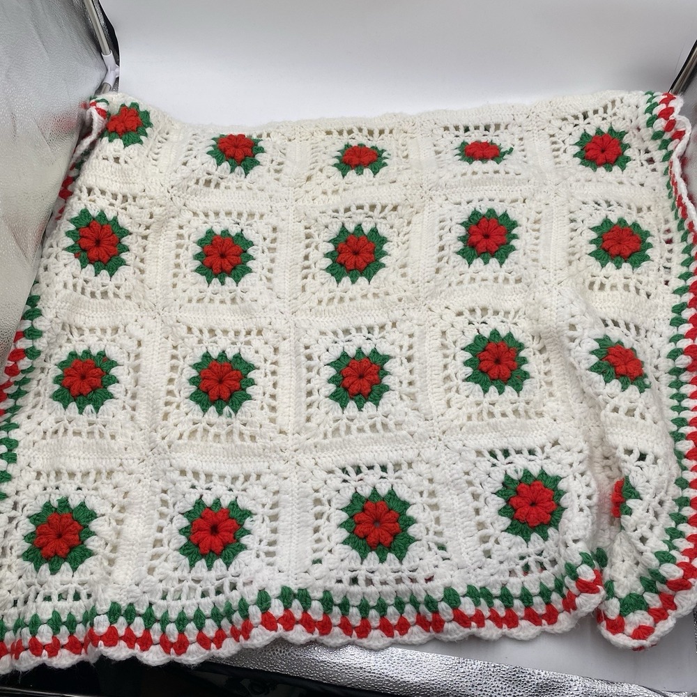 Vintage Crochet Afghan Blanket 3D Rose Granny Square Red White Green 72x44"  VGC